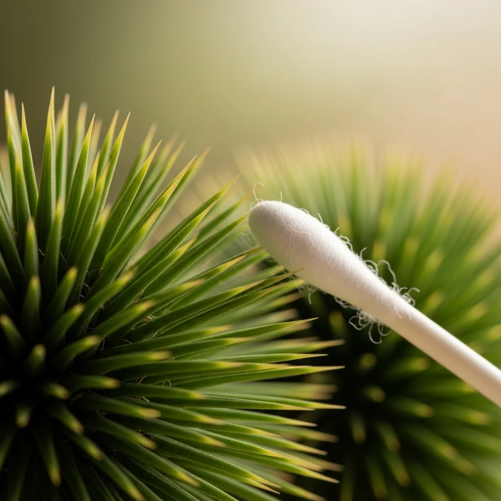 Dicas para resolver pragas e como cuidar de mini cacto sem errar ||| Cotonete tocando delicadamente entre as agulhas de uma planta verde arredondada, fundo desfocado verde e bege, iluminação suave de estúdio macro