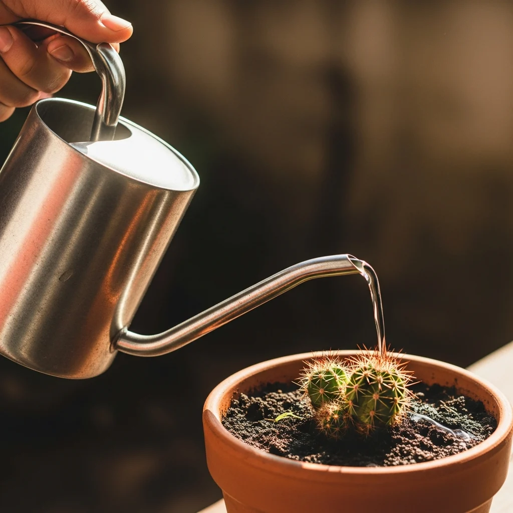 Passo a passo rega correta e como cuidar de mini cacto em casa ||| Mão segurando um regador de bico fino de metal prateado, despejando água na terra escura de um vaso de barro pequeno contendo uma planta espinhosa, luz natural de manhã