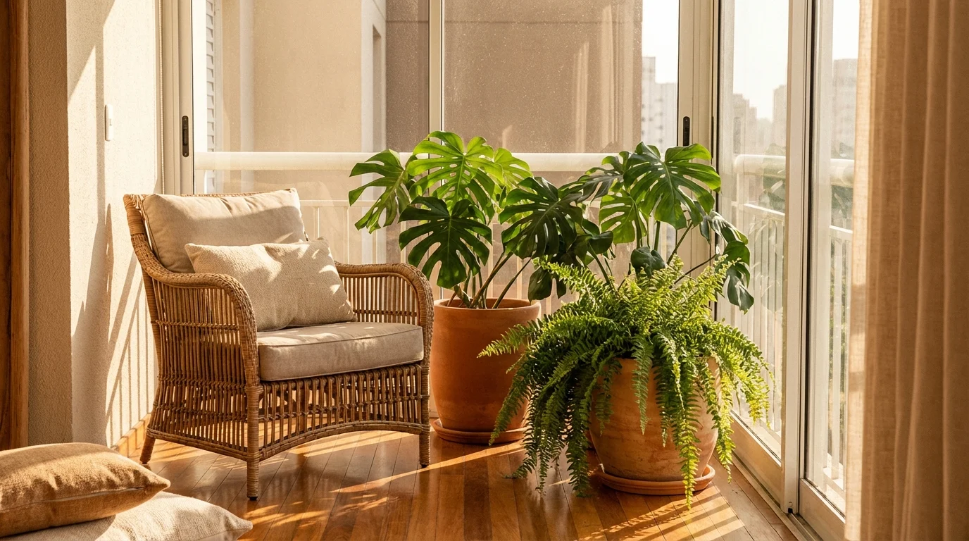 Como Atrair Clientes de Paisagismo Rápido? ||| Varanda de apartamento iluminada com piso de madeira, poltrona de vime, vasos de terracota grandes com costela de adão e samambaias pendentes, luz solar entrando pela janela de vidro