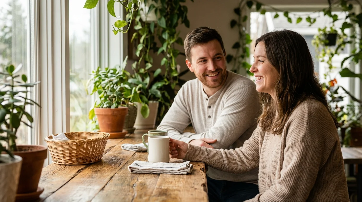 Estratégias para conseguir clientes de paisagismo e jardinagem ||| Duas pessoas conversando sorridentes em um balcão rústico de madeira, folhagens verdes ao fundo, ambiente iluminado pela manhã com textura acolhedora