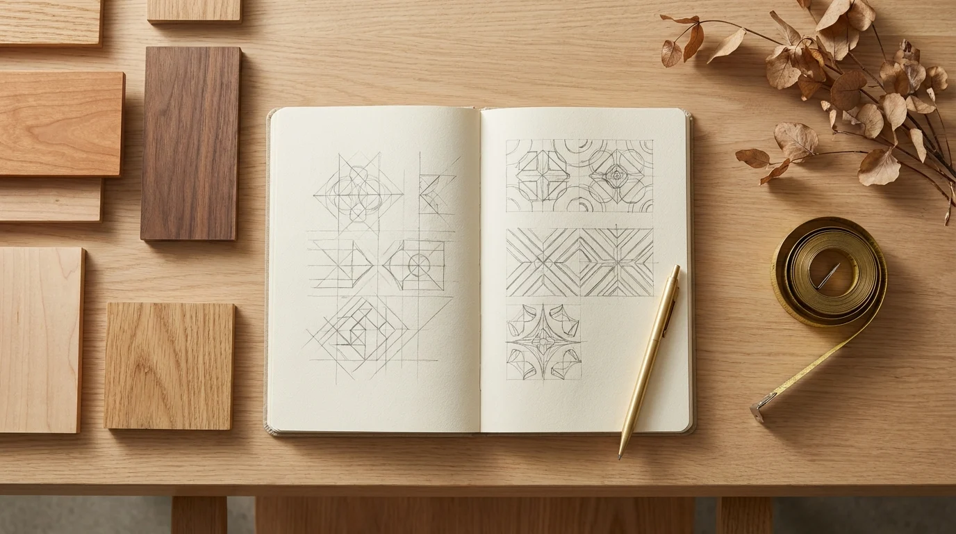 Transformar curiosos em clientes de paisagismo projeto ||| Mesa de escritório com caderno aberto mostrando desenhos geométricos a lápis, amostras de madeira, folhas secas, fita métrica e caneta dourada, visão de cima estilo flat lay