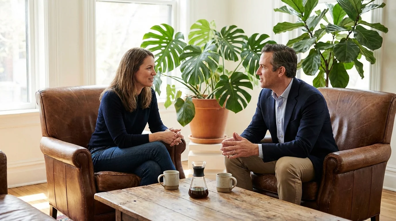 Dicas para cobrar clientes de paisagismo e jardinagem sem medo ||| Duas pessoas conversando sentadas em poltronas de couro marrom, plantas grandes ao fundo desfocado, xícaras de café na mesinha de centro, luz natural entrando