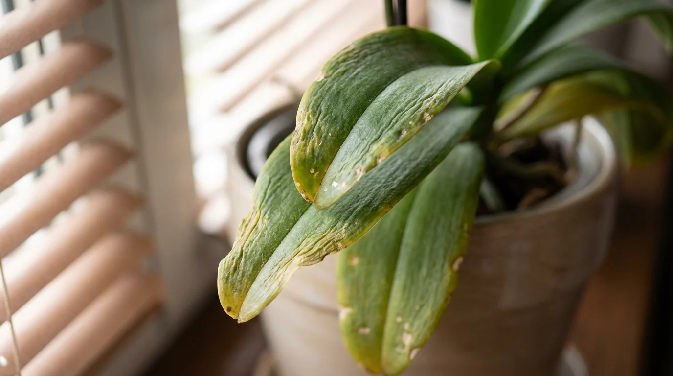 Como salvar orquídea doente e fazer florir com diagnóstico certo ||| Foco macro em folhas de orquídea levemente amareladas e enrugadas, luz natural entrando por uma janela com persiana, vaso de cerâmica ao fundo desfocado