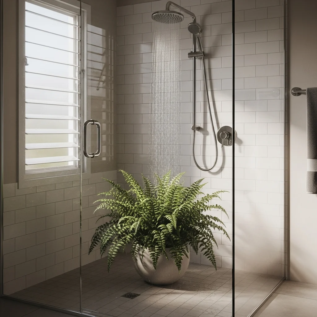 Como recuperar plantas de apartamento rápido com banho ||| Box de banheiro claro com azulejos brancos, chuveiro de metal cromado ligado com água caindo suavemente sobre uma samambaia verde em vaso de cerâmica no chão, luz natural entrando por basculante, cena acolhedora