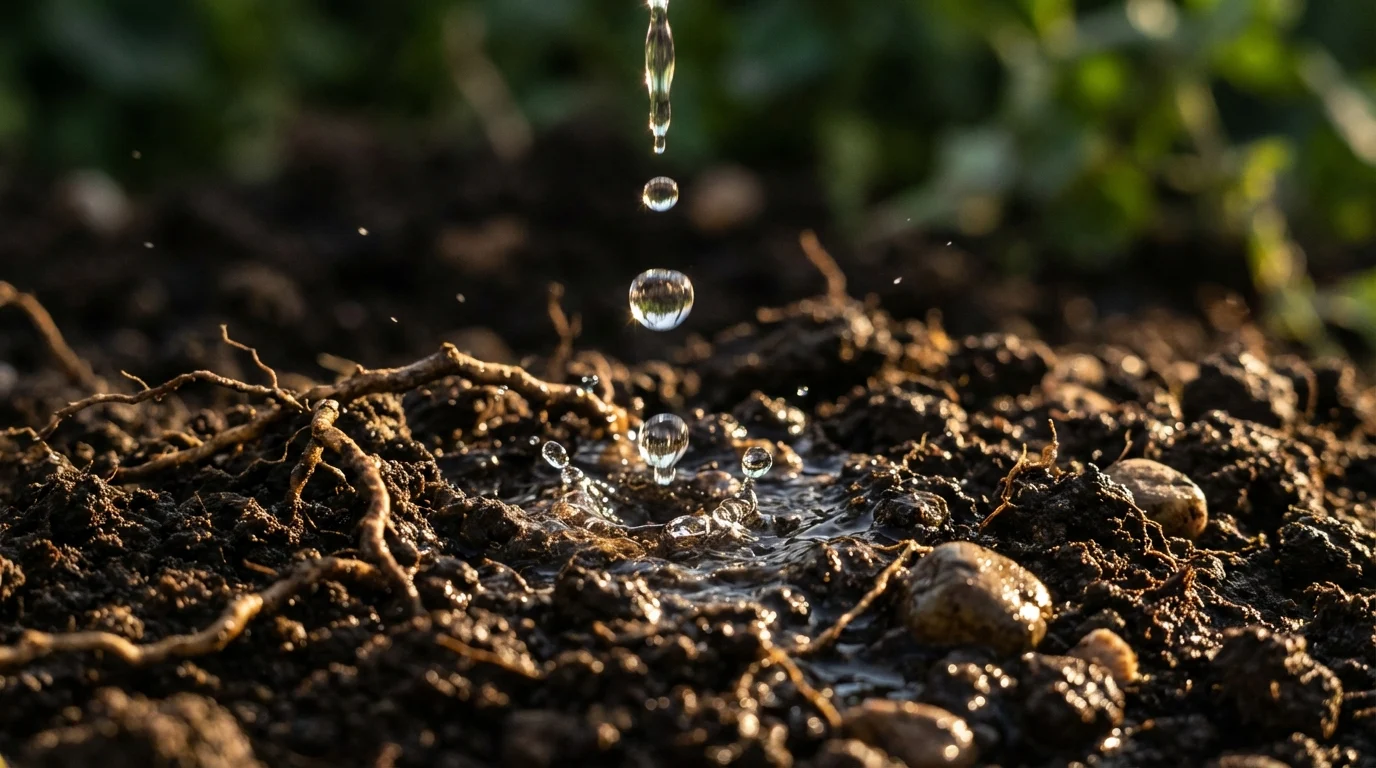 Pode colocar água de arroz nas plantas sem diluir? ||| Close macro em gotas de água caindo sobre terra preta e fofa, pequenas raízes visíveis, iluminação dramática destacando a textura do solo úmido e pequenos pedriscos