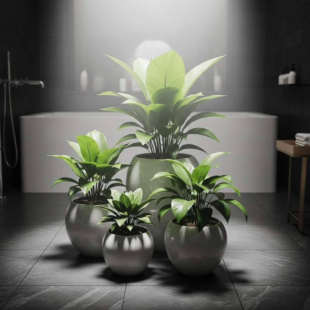 Passo a passo no chuveiro para recuperar plantas de apartamento rápido ||| Coleção de quatro vasos de cerâmica com plantas de folhas grandes e verdes agrupados no chão de um banheiro moderno, piso de ardósia escura, iluminação suave vindo de cima, clima relaxante e úmido