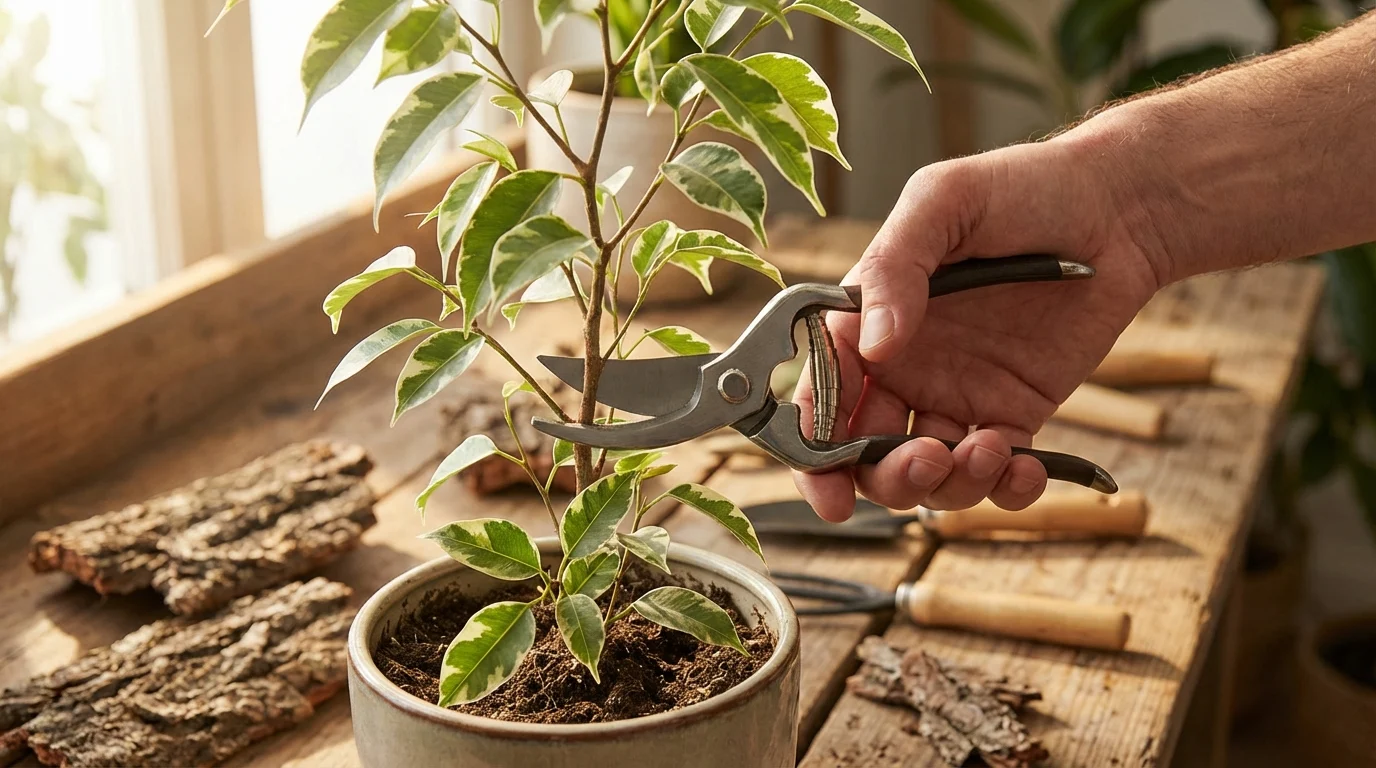 Dicas de poda e cuidados com Plantas Variegatas: 7 Opções Para Seu Jardim ||| Mão segurando tesoura de poda metálica próxima ao caule de uma planta com folhas brancas e verdes, mesa de trabalho com pedaços de casca de árvore desfocados no fundo