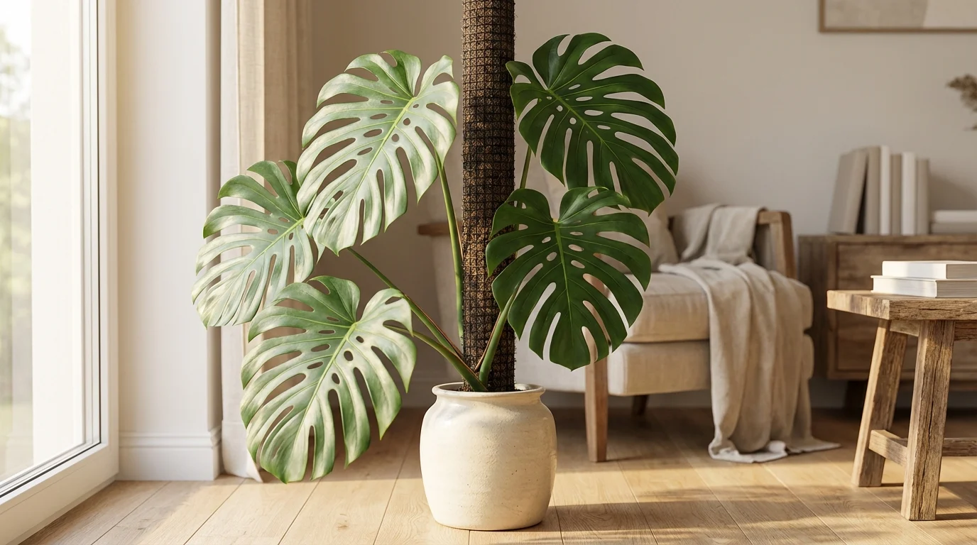 Como Fazer um Tutor de Musgo Para Plantas e ter folhas gigantes ||| Costela-de-adão com folhagens enormes e rasgadas escalando um cilindro fibroso escuro, luz lateral de janela ampla, vaso de cerâmica branca, assoalho de madeira clara, sala aconchegante