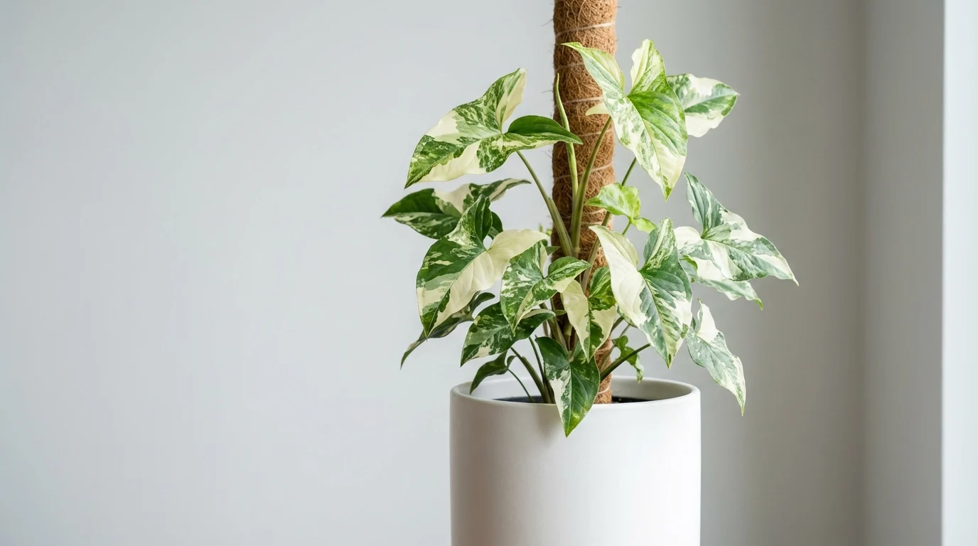 Singônio manchado entre as Plantas Variegatas: 7 Opções Para Seu Jardim ||| Vaso cilíndrico branco com planta trepadeira apoiada em bastão de musgo, folhas em formato de flecha com grande variação de manchas brancas e verdes, parede cinza claro ao fundo