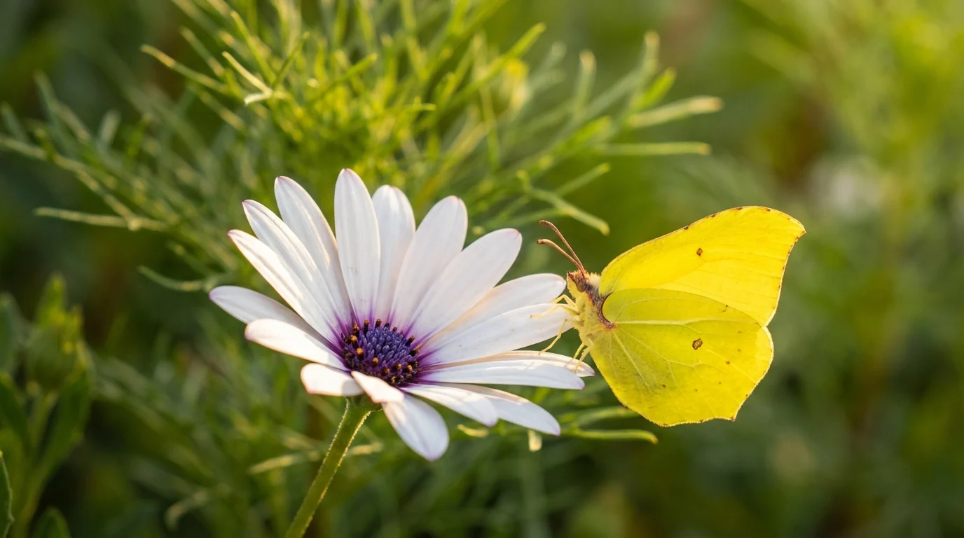 Abelhas e borboletas no jardim com Margarida-do-Cabo ||| Borboleta amarela pousada na borda de uma flor branca com centro roxo, pétalas bem definidas sob luz solar intensa, fundo verde suave com folhagens finas