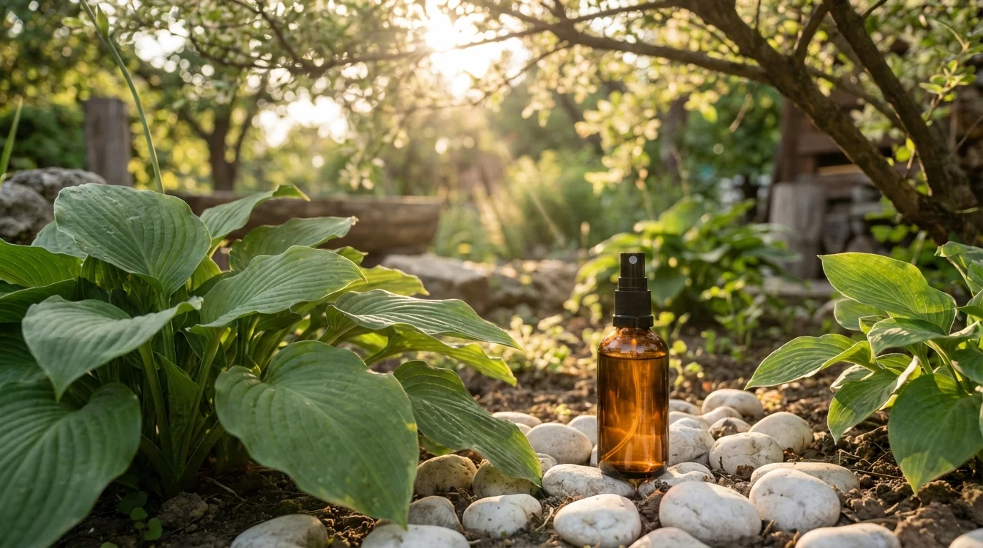 Controlando pragas em Como Fazer um Jardim Cottage em Casa ||| Borrifador de vidro âmbar sobre mesa de madeira rústica, cesto de vime com ervas frescas e tesoura de poda vintage ao lado, iluminação natural suave