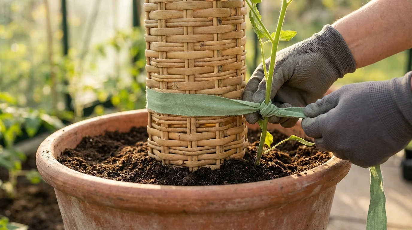 Instalação do tutor de musgo 100 cm no vaso sem quebrar raízes ||| Vaso grande de terracota preenchido com terra preta, estrutura cilíndrica vertical ao centro, mãos com luvas segurando gentilmente um caule verde e amarrando com fita macia
