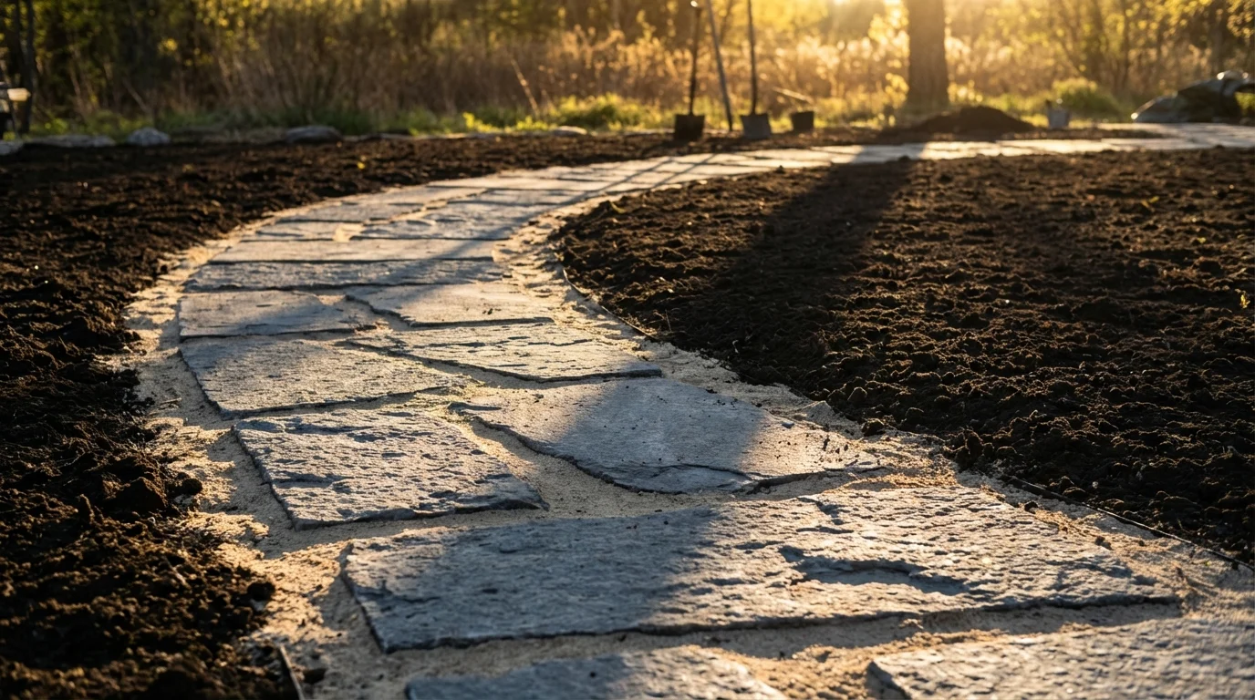 Ferramentas e rega ao aprender como plantar bulbos de flores do zero ||| Regador de metal verde pequeno despejando um fio de água suave sobre terra preta num canteiro, brotos finos saindo da terra, luz dourada de pôr do sol, estilo cinematográfico