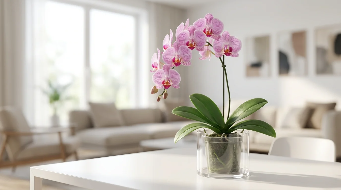 Flores vibrantes após aprender como salvar orquídea doente e fazer florir ||| Grande orquídea rosa e branca florescendo em um vaso transparente de acrílico sobre uma mesa branca limpa, sala moderna com luz natural abundante, folhas grossas e saudáveis