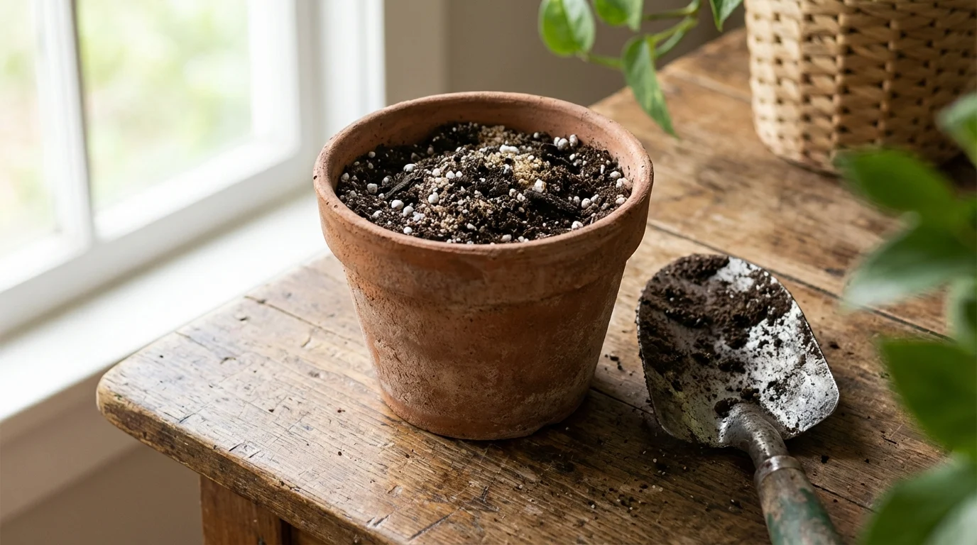 Mudas e terra preparada para Como Cuidar da Margarida-do-Cabo em Casa ||| Vaso de barro rústico sobre mesa de madeira, terra escura misturada com perlita branca e areia, pá de jardinagem suja de terra, luz natural suave