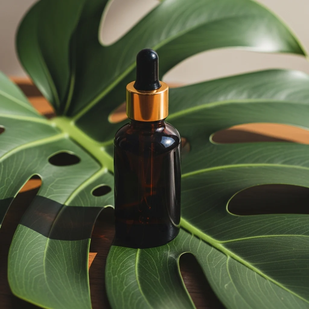 Frasco rústico de óleo essencial natural sobre folhagens ||| Frasco de vidro escuro estilo boticário com conta-gotas dourado, apoiado sobre uma folha grande de costela-de-adão, luz natural suave destacando a textura do vidro e o verde intenso da folha