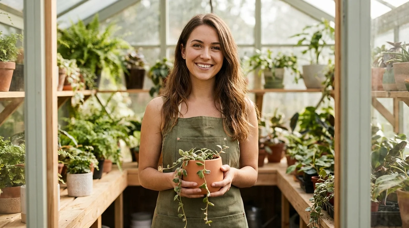 Astrologia das Plantas: Qual a Sua Espécie? Astrologia das Plantas: Qual a Sua Espécie? ||| Mulher jovem sorridente de avental verde segurando um pequeno vaso de cerâmica com planta pendente, estufa iluminada por luz natural suave ao fundo, prateleiras de madeira com folhagens variadas, fotografia editorial estilo lifestyle
