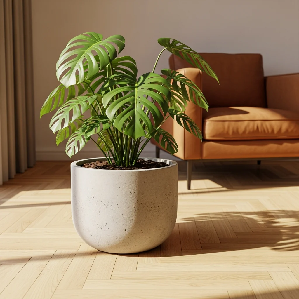 Costela de Adão em vaso decorativo com luz natural ||| Sala de estar ensolarada, vaso grande de cimento no chão contendo planta com folhas grandes e cheias de recortes profundos, piso de taco de madeira clara, poltrona de couro caramelo ao fundo, sombras suaves projetadas no chão, estética orgânica