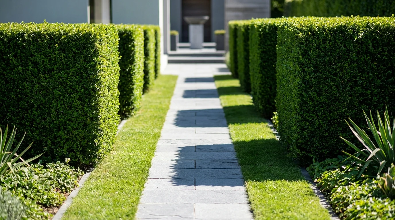 Cerca Viva Rápida para Privacidade Muro com plantas para cerca viva rápida em formato geométrico com eugênia ||| Caminho estreito de pedras cinzas ladeado por um arbusto perfeitamente cortado em formato retangular, grama baixa, luz do meio-dia marcando sombras duras, jardim moderno minimalista