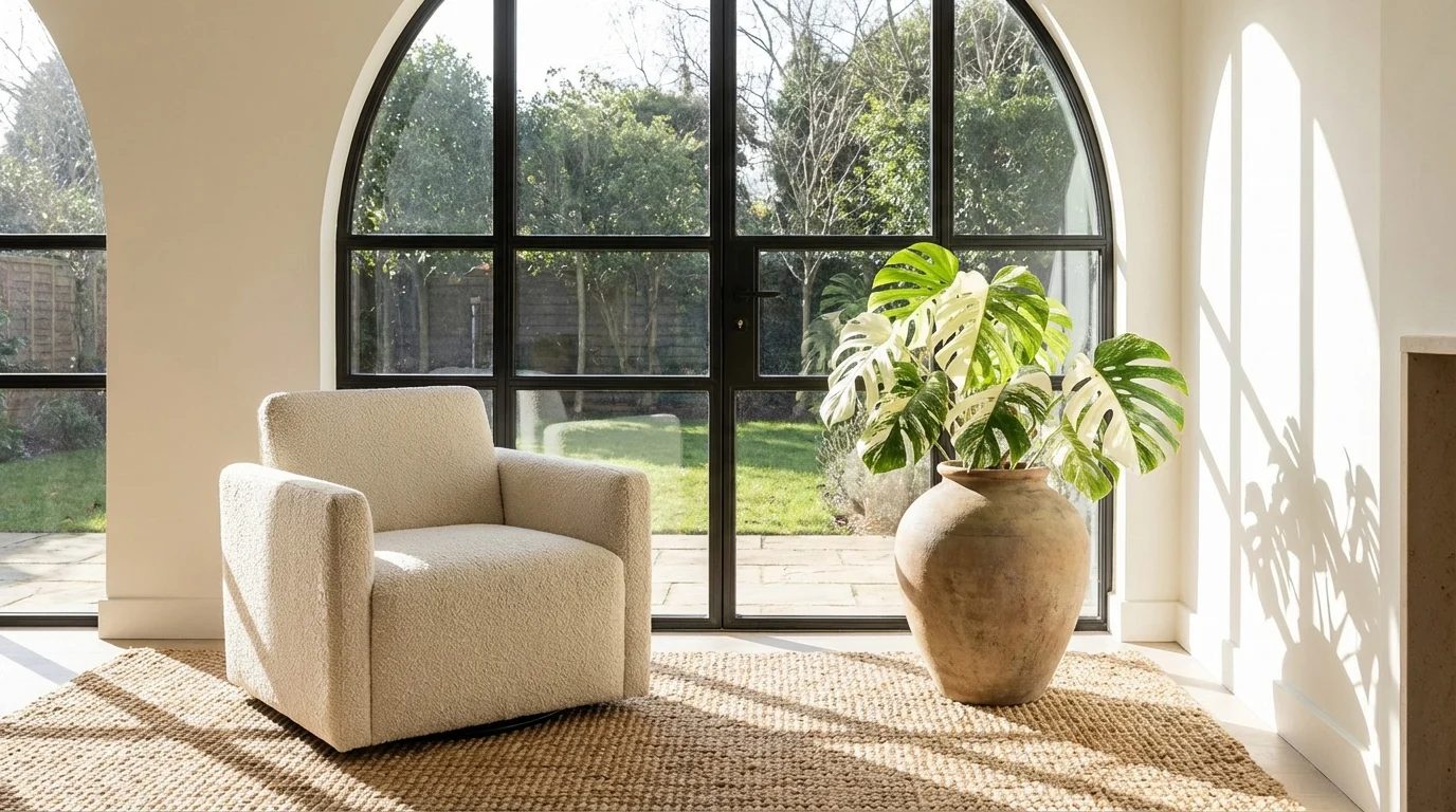 Plantas Variegatas: 7 Opções Para Seu Jardim decorando a sala ||| Sala de estar iluminada por grande janela de vidro, poltrona de tecido cru, vaso de cerâmica no chão com planta de folhas grandes manchadas de branco e verde claro, tapete texturizado