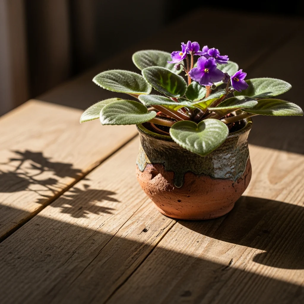 Quais espécies evitar ao recuperar plantas de apartamento rápido ||| Vaso pequeno de cerâmica rústica com uma violeta de folhas peludas em tom verde escuro sobre uma mesa de madeira envelhecida, luz solar lateral criando sombras marcadas, estética aconchegante