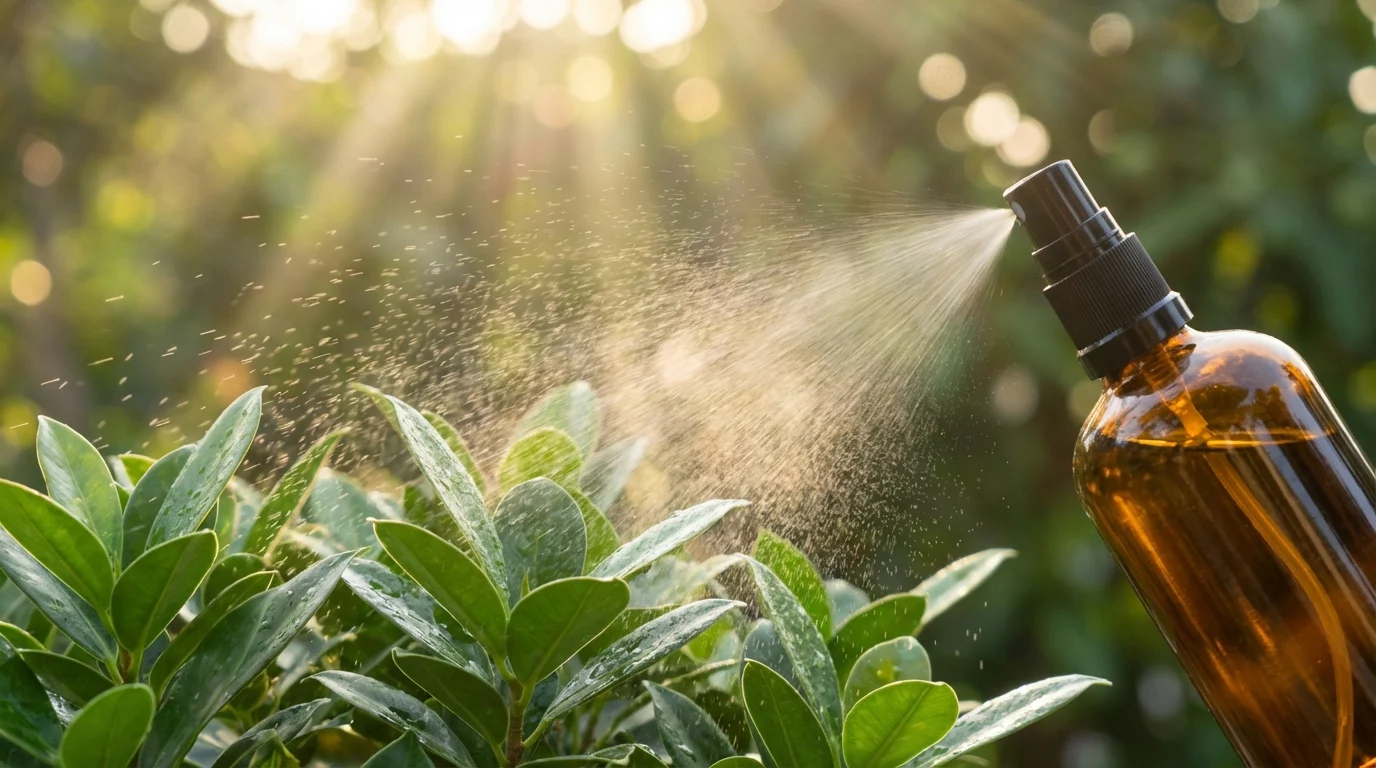Técnicas de rega sobre como salvar orquídea doente e fazer florir ||| Borrifador âmbar espalhando névoa fina sobre folhas verdes espessas e brilhantes, raios de sol matinal filtrados por folhagens ao fundo, estilo fotográfico macro