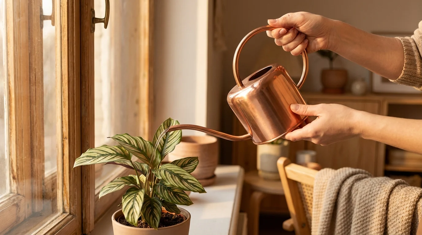 Astrologia das Plantas: Qual a Sua Espécie? Cuidados e autoconhecimento ensinados no astrologia curso completo de paisagismo ||| Mãos femininas segurando delicadamente um regador de bico longo de cobre, regando planta com folhas estampadas, luz suave de entardecer entrando por uma grande janela, clima relaxante e acolhedor