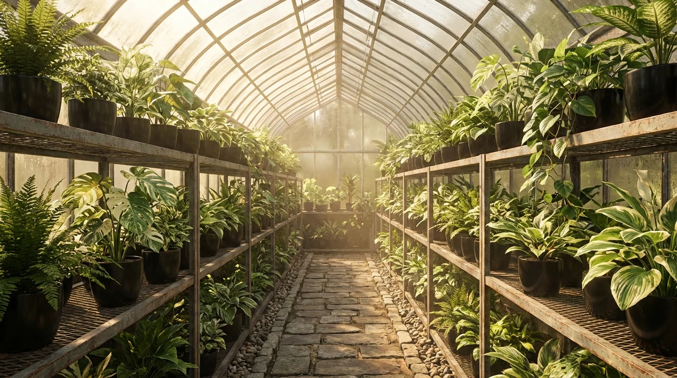 Escolhendo Plantas Variegatas: 7 Opções Para Seu Jardim na estufa ||| Corredor de estufa bem iluminada com prateleiras de metal repletas de vasos pretos com folhagens em tons de verde, branco e creme, luz solar entrando pelo teto de vidro filtrado