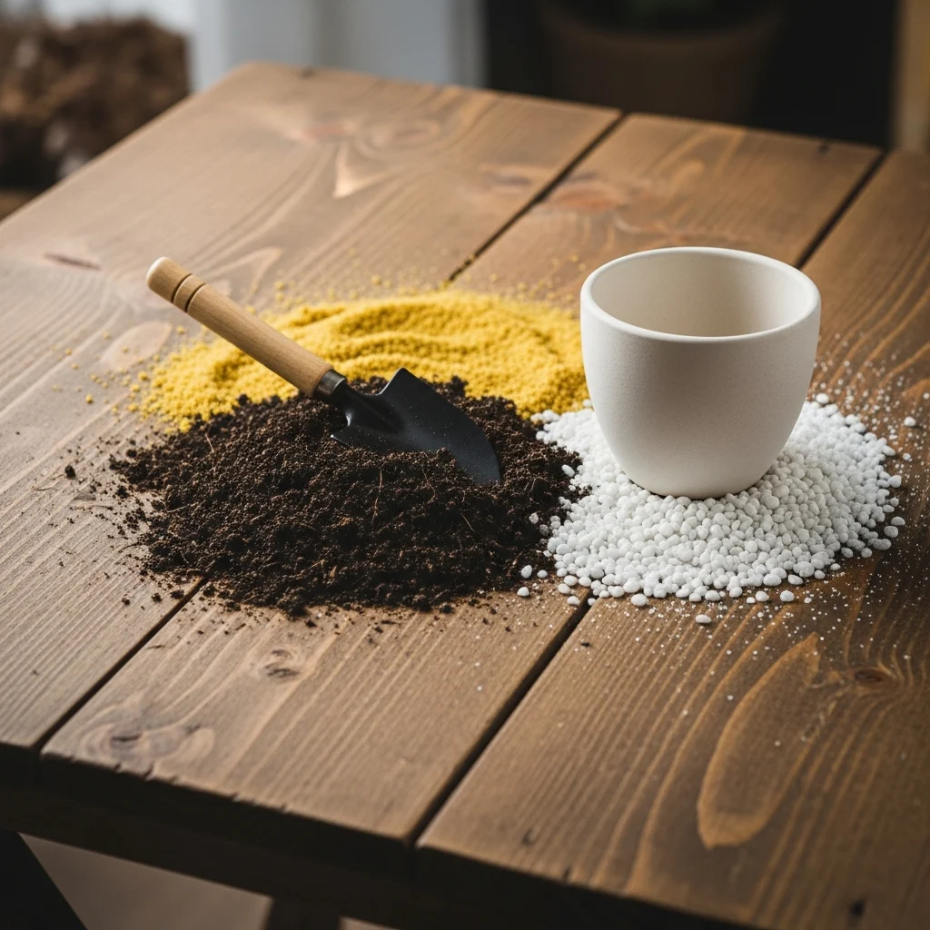 Substrato e terra ideal para como cuidar de mini cacto e fazer ele durar ||| Mesa rústica com porções de terra escura, areia grossa amarelada e pedrinhas brancas espalhadas, pequena pá de jardinagem de madeira, vaso de cerâmica vazio ao lado