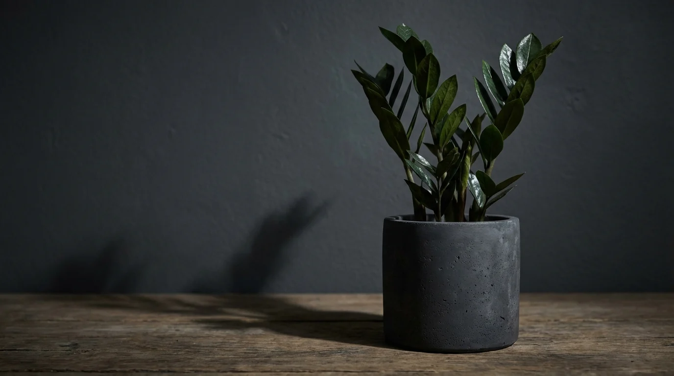 Astrologia das Plantas: Qual a Sua Espécie? Zamioculca em ambiente escuro refletindo a astrologia das plantas para escorpianos ||| Vaso de cimento cinza escuro no chão de madeira, hastes eretas com folhas verdes muito escuras e brilhantes, parede em tom grafite, iluminação indireta misteriosa com sombras longas
