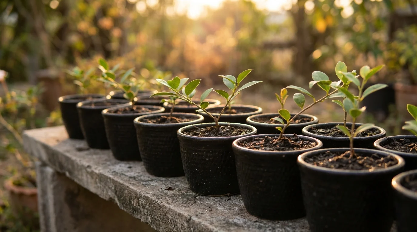 Propagação e como fazer mudas da Margarida-do-Cabo ||| Vasinhos pretos de sementeira alinhados em uma bancada de cimento, contendo terra úmida e pequenos galhos verdes com folhas na ponta, luz de fim de tarde
