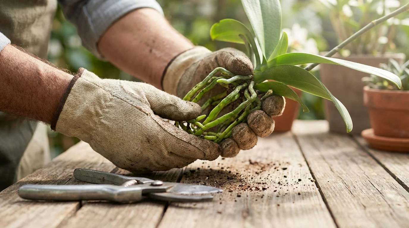 Passo a passo de como salvar orquídea doente e fazer florir ||| Mãos usando luvas de jardinagem segurando delicadamente uma raiz de orquídea verde, tesoura de poda metálica ao lado sobre mesa rústica de madeira, luz suave