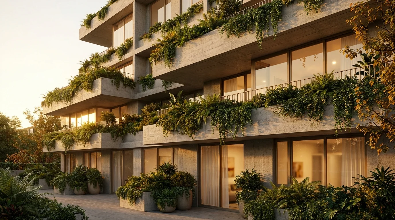 Jardins da Babilônia Existiram Mesmo? Prédio moderno com telhado verde ||| Fachada de edifício contemporâneo de concreto com amplos terraços repletos de vegetação densa e folhagens caindo pelas beiradas, luz do entardecer iluminando as vidraças