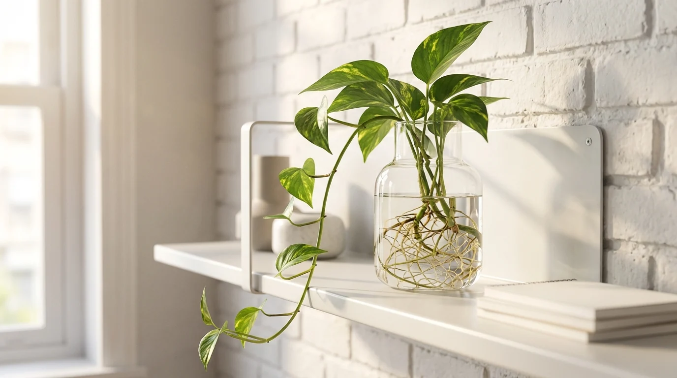 Astrologia das Plantas: Qual a Sua Espécie? Astrologia para principiantes com folhagens em água para signos de ar ||| Prateleira de metal branco com vaso de vidro transparente contendo raízes na água, folhas verdes com manchas amarelas pendendo, parede de tijolinhos brancos, luz natural matinal
