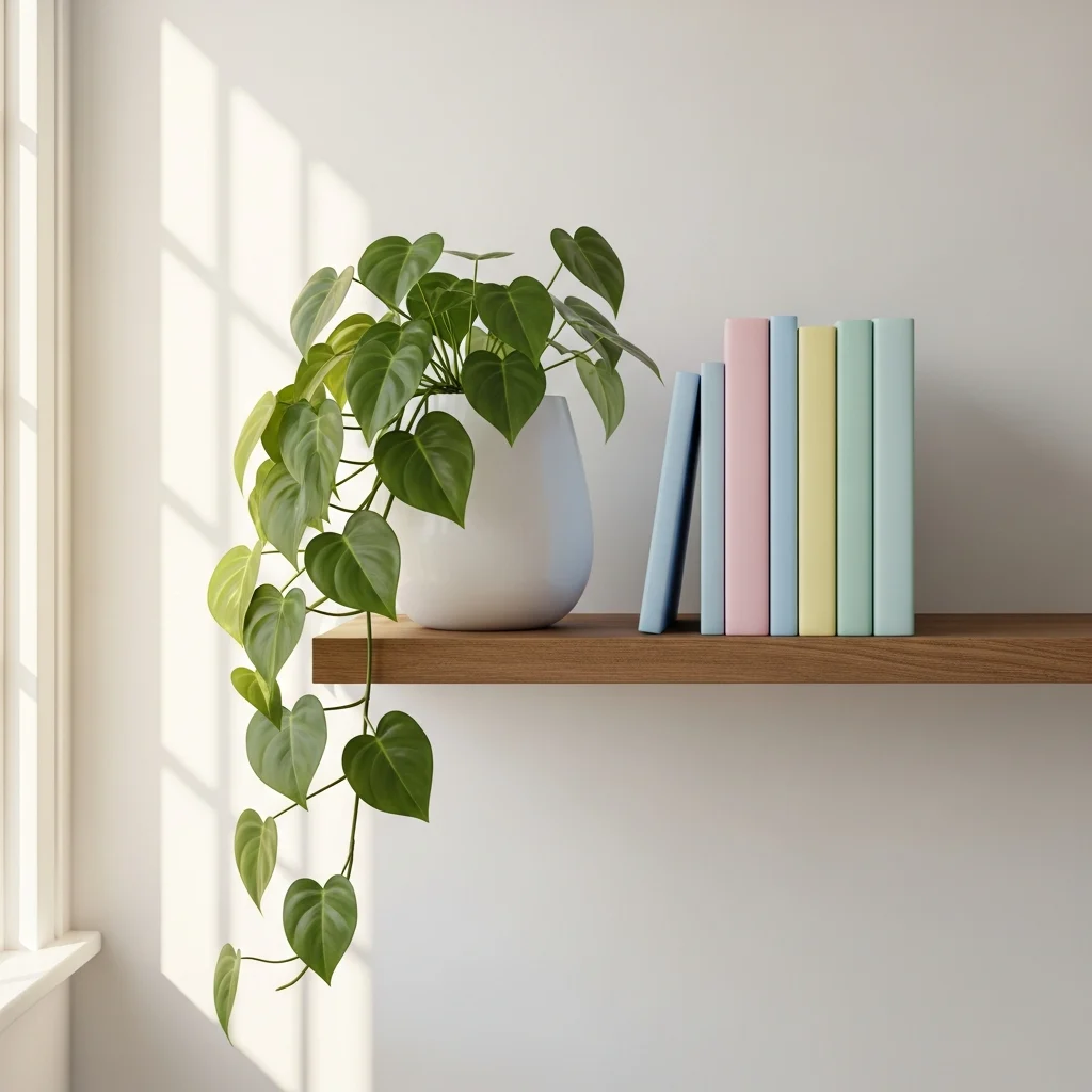 Planta Jiboia pendente ideal para salas modernas ||| Prateleira de madeira flutuante em parede branca, vaso branco fosco com planta pendente de folhas verdes em formato de coração descendo pela lateral, livros com capas em tons pastel organizados, luz de janela lateral, estilo minimalista e limpo