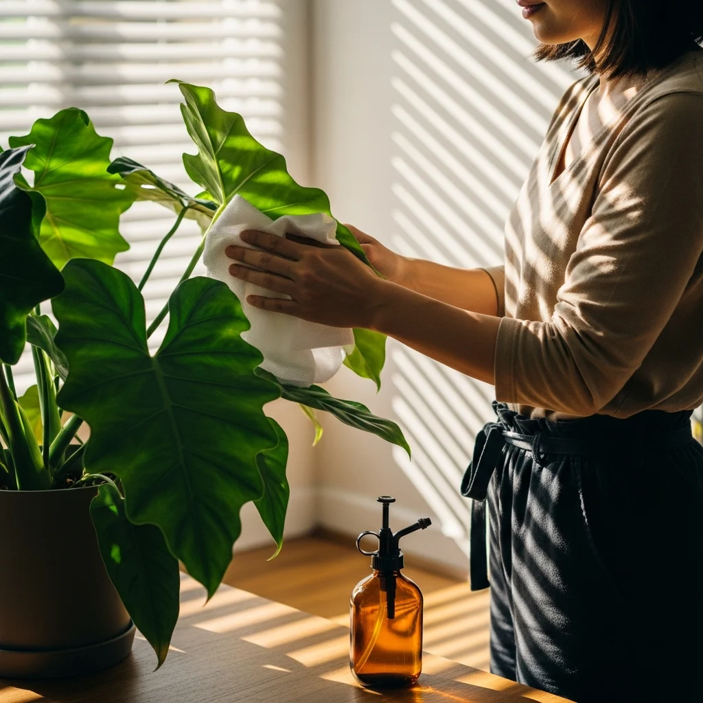 Limpeza e cuidados básicos com folhagens de interior ||| Pessoa em pé limpando suavemente folhas grandes e verdes de uma planta com um pano de algodão branco, pulverizador de vidro âmbar ao lado, luz do amanhecer entrando por persianas brancas, estilo de vida tranquilo e focado