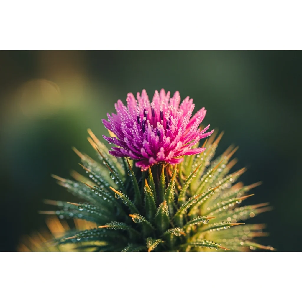 Floração e como cuidar de mini cacto para dar flor em casa ||| Pequena flor rosa vibrante desabrochando no topo de uma superfície verde espinhosa, gotas de orvalho refletindo a luz da manhã, macro fotografia