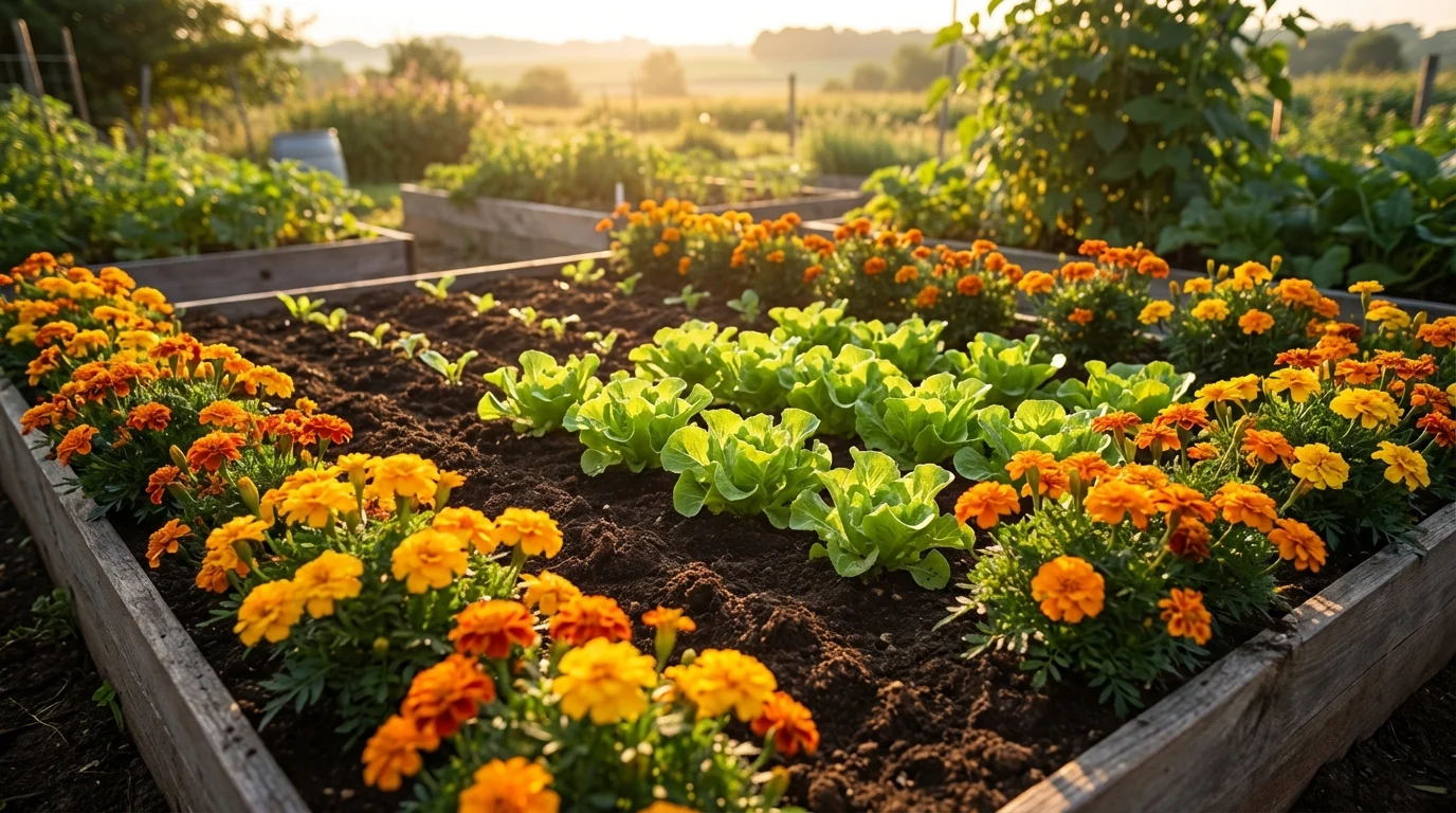 Como eliminar formigas cortadeiras usando plantas repelentes ||| Canteiro de horta orgânica com terra preta fofa, mudas de alface no centro cercadas por flores de cravo-de-defunto laranjas e amarelas nas bordas, luz de fim de tarde