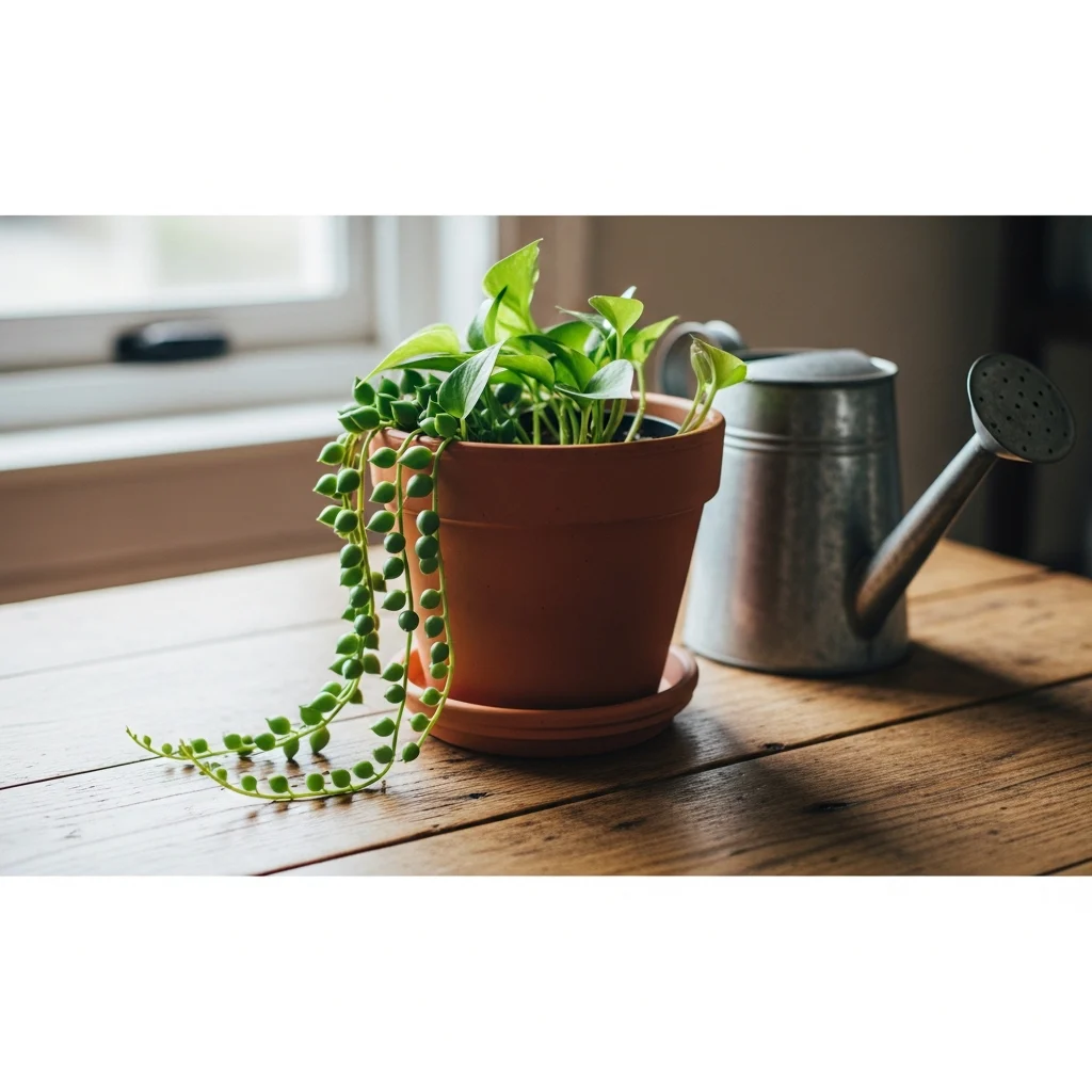 Como Ter Dedo Verde e Não Matar Suas Plantas ||| Vaso de cerâmica terracota com planta verde pendente sobre mesa de madeira rústica, regador de metal vintage ao lado, luz natural de janela ao fundo, fotografia em estilo kinfolk