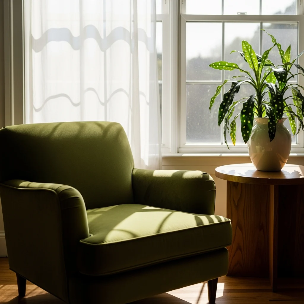 Como Cuidar de Begônia Maculata Passo a Passo na sala de estar ||| Sala de estar iluminada com luz natural, poltrona de veludo verde, mesa lateral de madeira com vaso branco contendo planta de folhas alongadas verdes com bolinhas brancas, janela grande ao fundo com cortina branca fina, estilo editorial de decoração