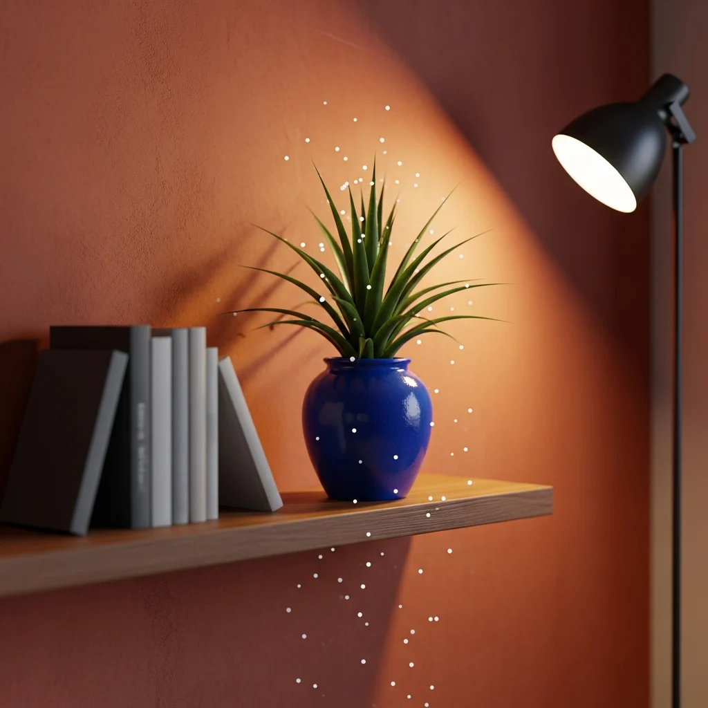 Decoração de interiores com plantas e como cuidar de begônia maculata passo a passo ||| Canto de quarto aconchegante com parede terracota, prateleira suspensa de madeira com livros desfocados e vaso de cerâmica azul vibrante com planta de folhas pontiagudas e bolinhas brancas caindo suavemente, iluminação quente de luminária de piso