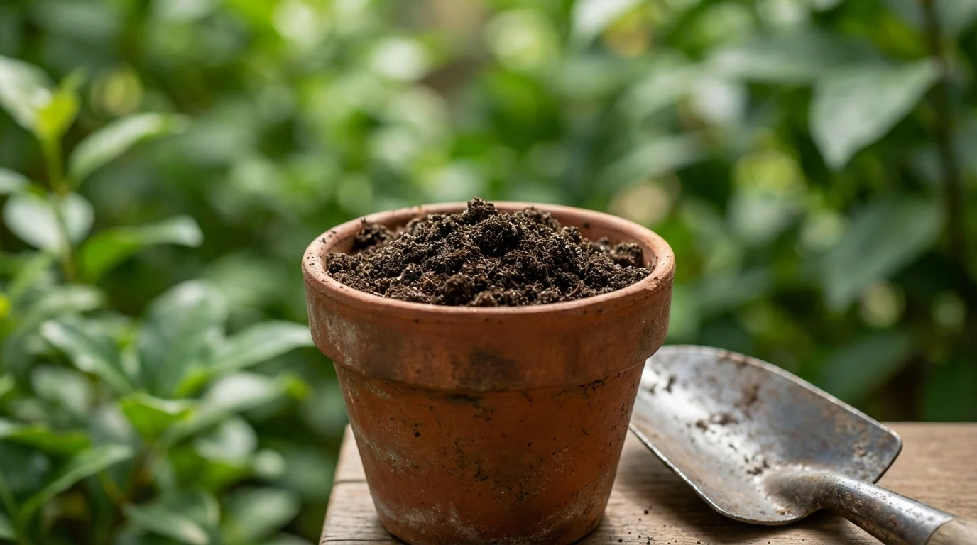 Como Plantar Semente de Lichia Passo a Passo Preparando o solo e o vaso para a semente de lichia ||| Vaso de barro pequeno com terra solta e aerada, pazinha de metal ao lado, fundo desfocado com folhas verdes, luz solar indireta, fotografia macro de jardinagem
