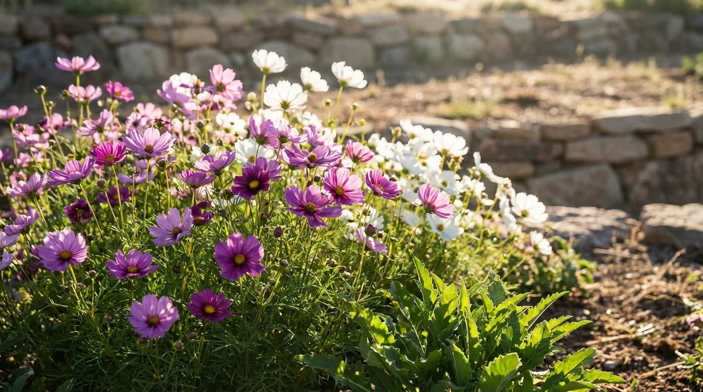 Como Cuidar da Margarida-do-Cabo em Casa no jardim ||| Canteiro rústico iluminado pelo sol da manhã com flores roxas e brancas vibrantes de centro escuro, folhas verdes cerrilhadas, fundo desfocado com pedras naturais