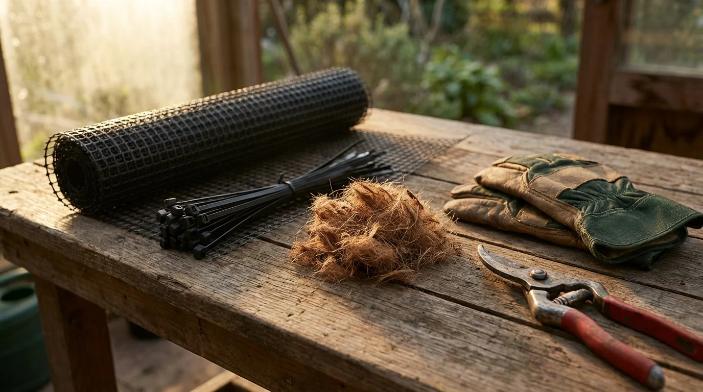 Materiais necessários para o tutor de musgo esfagno em cima de uma bancada ||| Mesa rústica de madeira com punhado de fibras marrons felpudas, rolo de rede plástica preta, abraçadeiras de nylon, tesoura de poda e luvas de couro grossas, luz do amanhecer