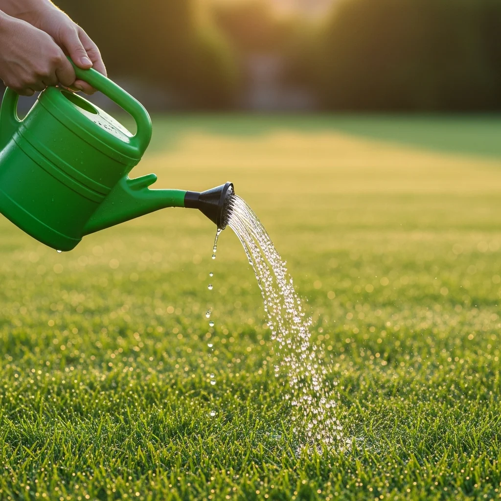 Pessoa aplicando produto no jardim com regador ||| Vista em primeira pessoa segurando um regador de plástico verde derramando água transparente sobre um gramado esmeralda bem cortado, luz do amanhecer, gotas de água brilhando no ar
