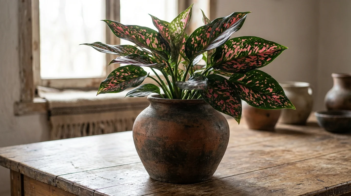 Plantas Variegatas: 7 Opções Para Seu Jardim e folhas cor-de-rosa ||| Vaso de barro sobre mesa de madeira rústica, planta com folhas escuras pontiagudas apresentando grandes manchas rosa vibrante, luz natural suave entrando pela esquerda