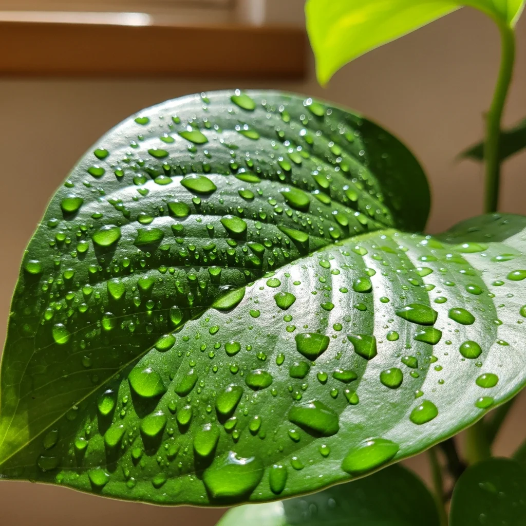 Dica para combater cochonilhas ao recuperar plantas de apartamento rápido ||| Folha verde grande de jiboia molhada com gotas d'água cristalinas refletindo a luz da janela, fundo levemente desfocado em tons de madeira clara e parede bege, estilo macro fotografia