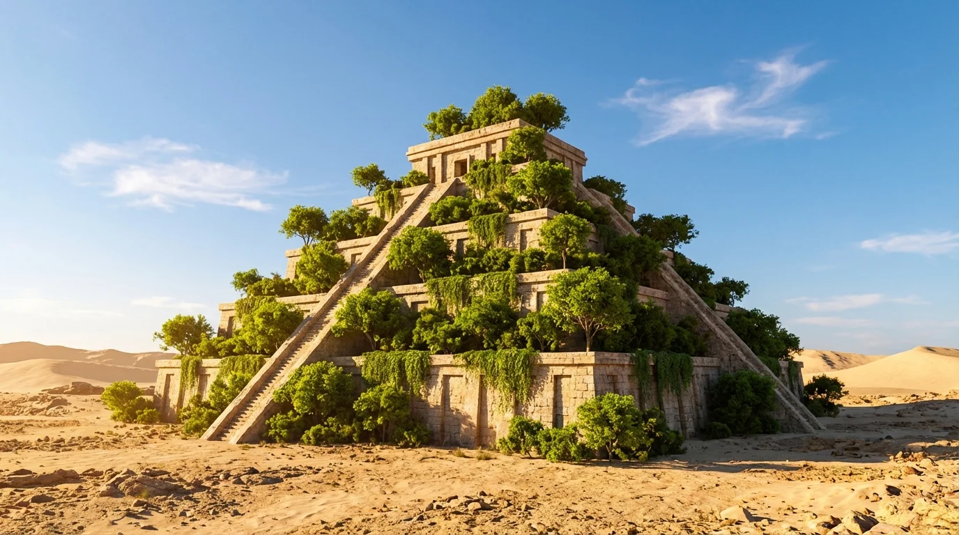 Jardins da Babilônia Existiram Mesmo? Jardins da Babilônia Existiram Mesmo? Descubra a verdade ||| Paisagem árida de deserto com uma grande estrutura de pedra em degraus cheia de árvores verdes e folhagens caindo pelos muros, céu azul claro com poucas nuvens, luz do sol intensa