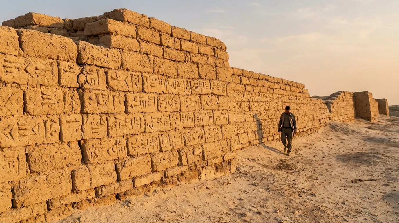 Jardins da Babilônia Existiram Mesmo? Ruínas de Nínive e tijolos de barro ||| Muro largo feito de grandes tijolos de barro cozido com inscrições cuneiformes desgastadas pelo tempo, luz dourada de fim de tarde, chão de poeira e areia clara