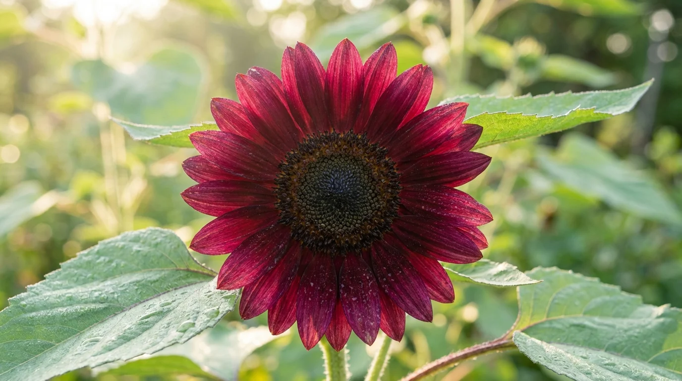 Girassol vermelho como plantar e cuidar em casa ||| Jardim ensolarado com flores grandes de pétalas em tom bordô vibrante e miolo escuro, folhas verdes largas ao redor, luz natural suave da manhã, fotografia macro detalhada